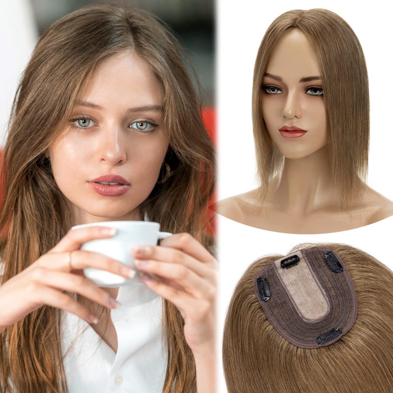 MYLADY Human Hair Toppers for Women Real Human Hair Thin 10  12CM Silk Base with Lace 130 Density Clip in Remy Hairpieces 8 Inch Light Brown
